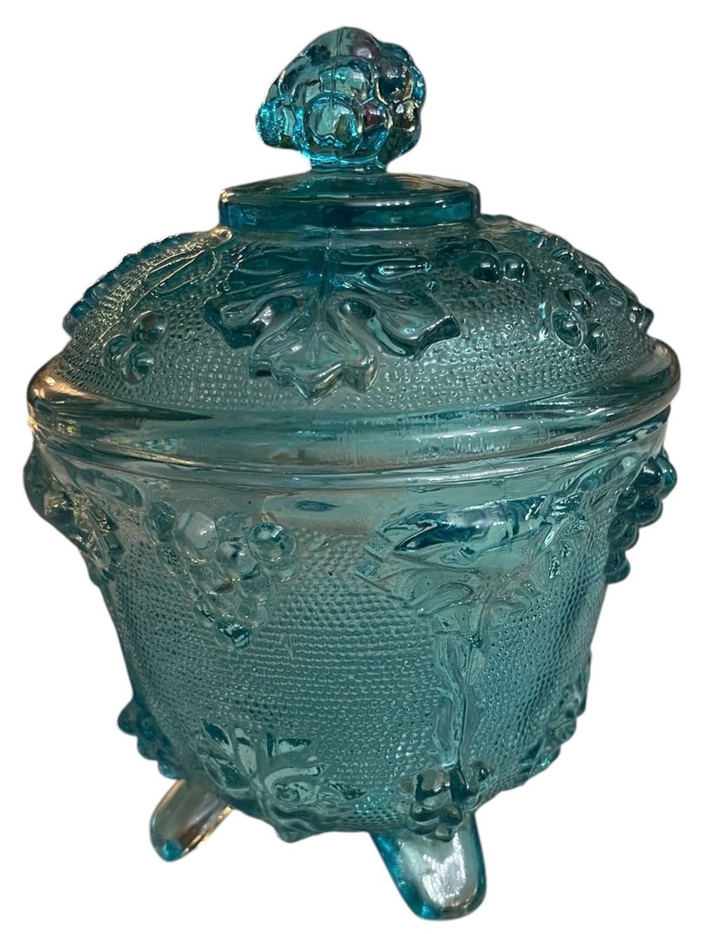 Aqua Vintage Indiana Glass style grapevine Footed Candy Dish With Lid.